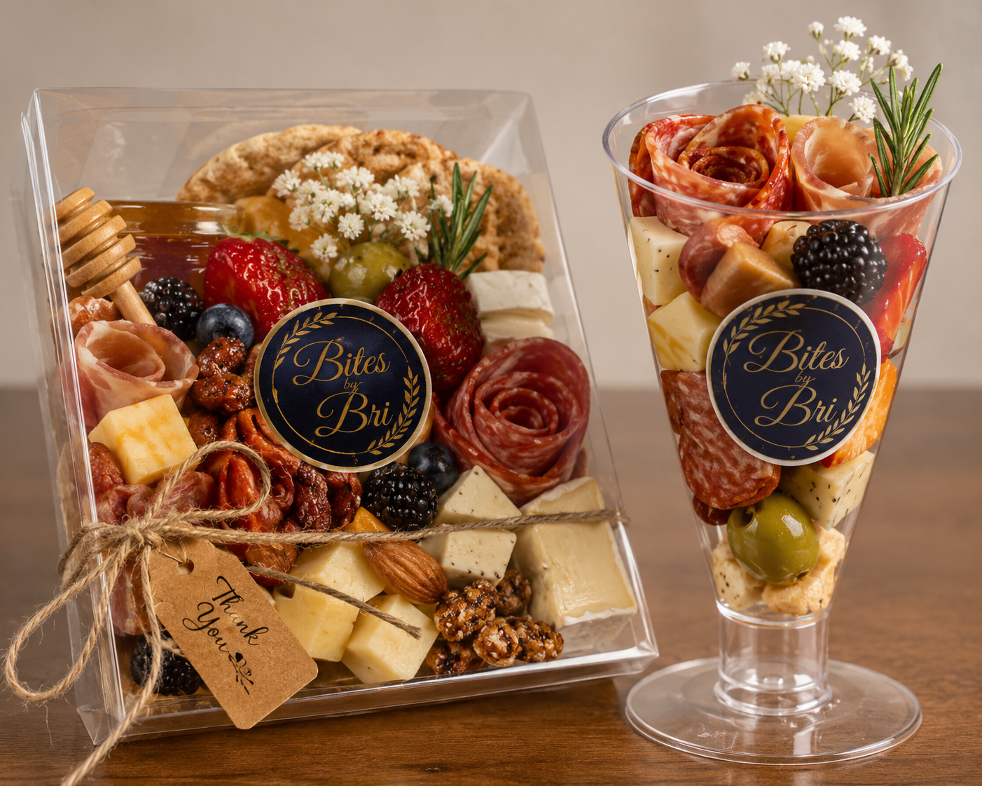 Bites by Bri clear gift box and footed cone presentation.
