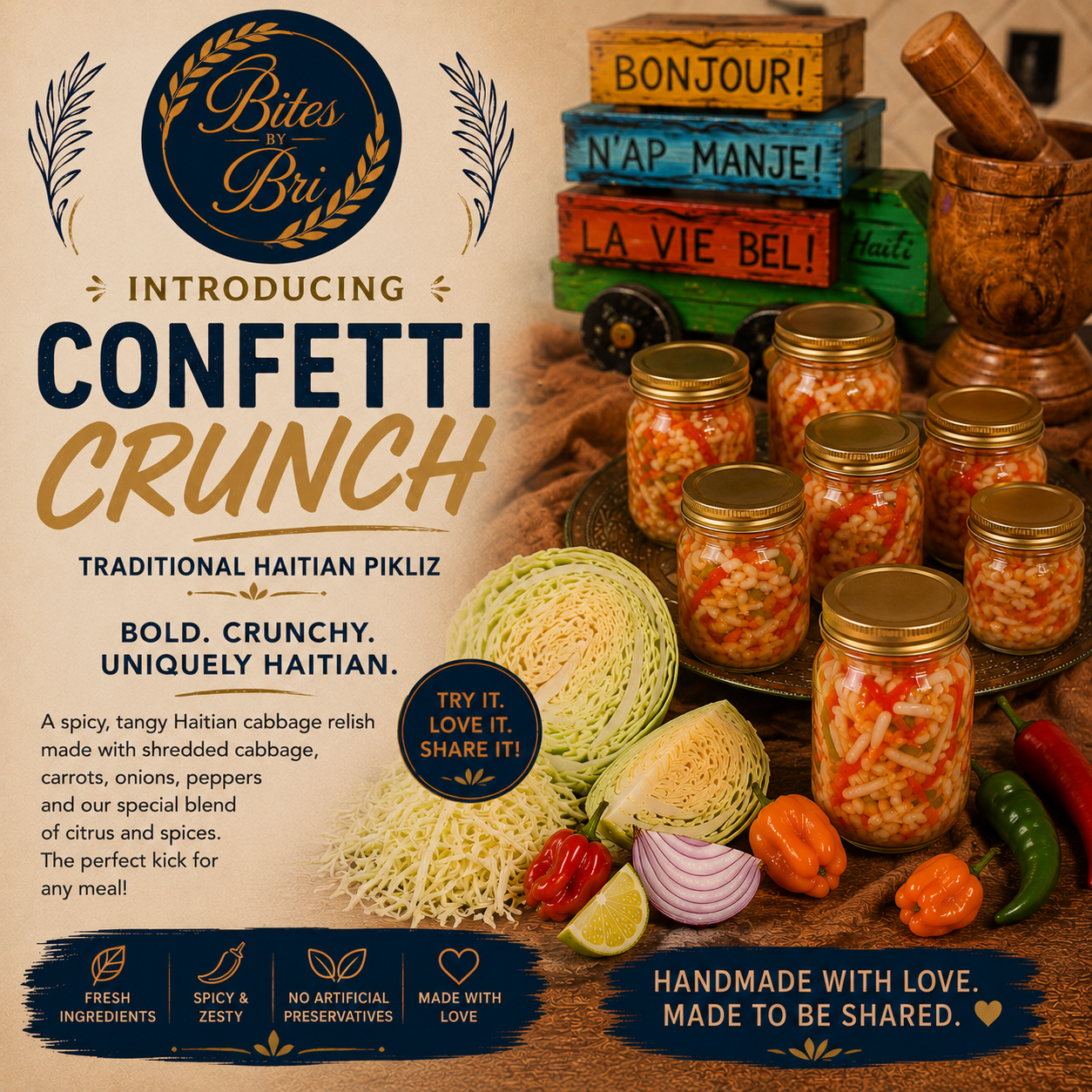 Introducing Confetti Crunch, traditional Haitian pikliz by Bites by Bri, with jars and fresh ingredients