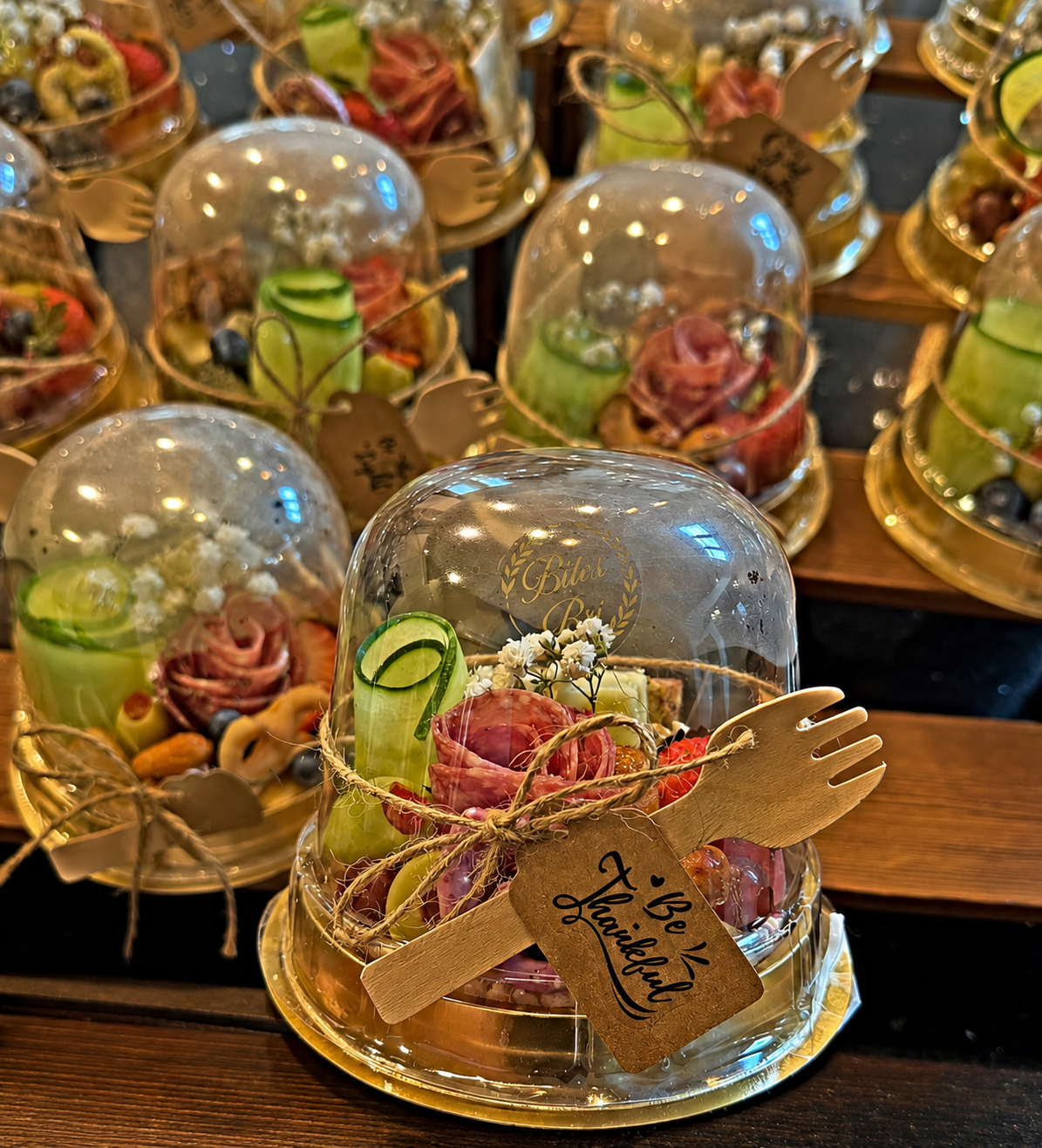 Individual dome presentations tied with twine and thank you tags.