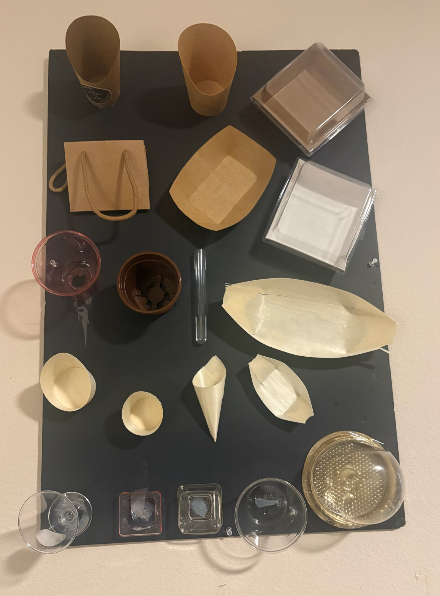 Examples of cups, clear boxes, wooden boats, cones, miniature dishes, and domes